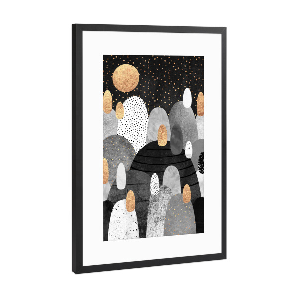 Poster mit Rahmen Schwarz (Metallic) "Little land of pebbles by night" artboxONE - Abstrakt