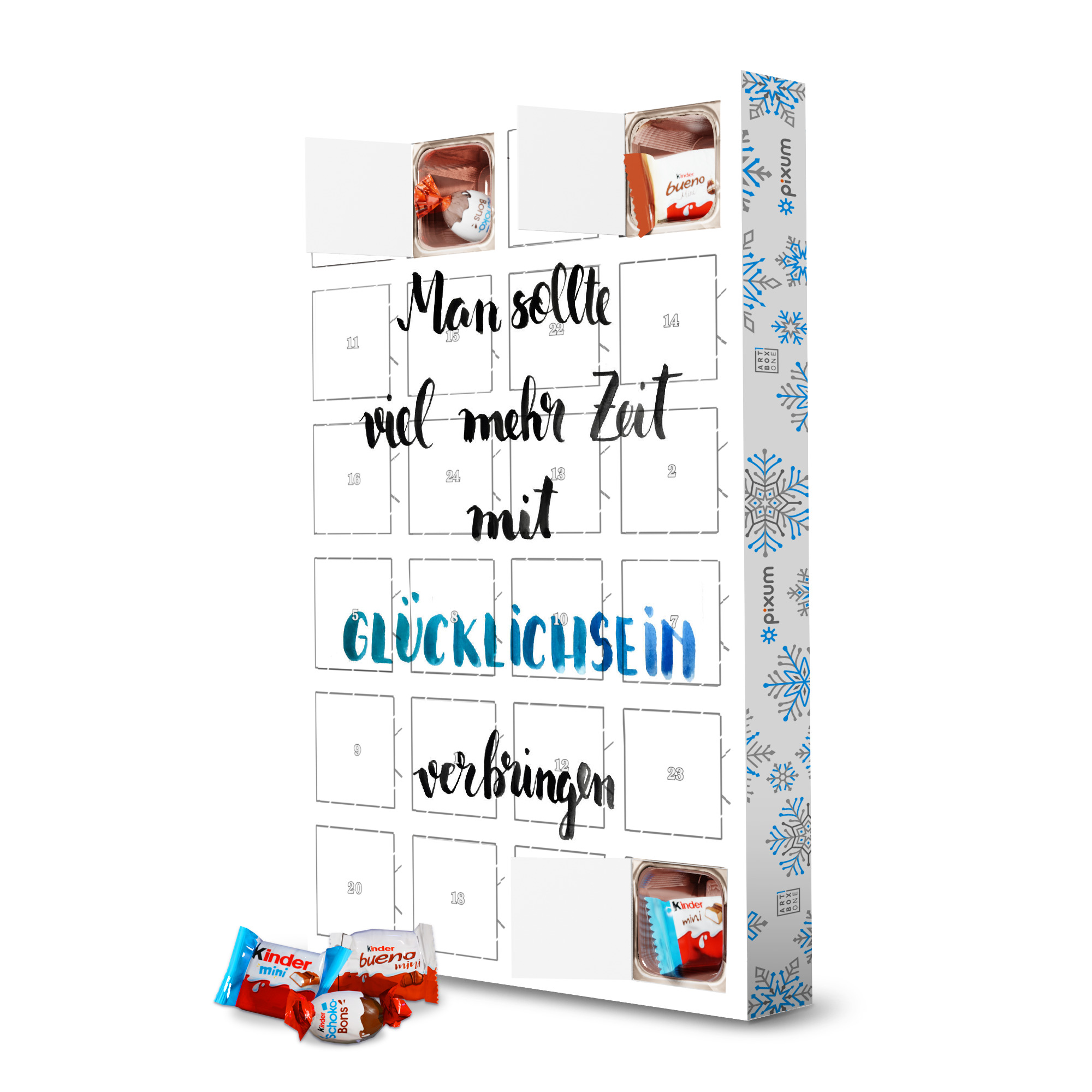 Adventskalender mit Produkten von Kinder Zeit für Glücklichsein artboxONE Adventskalender Typografie