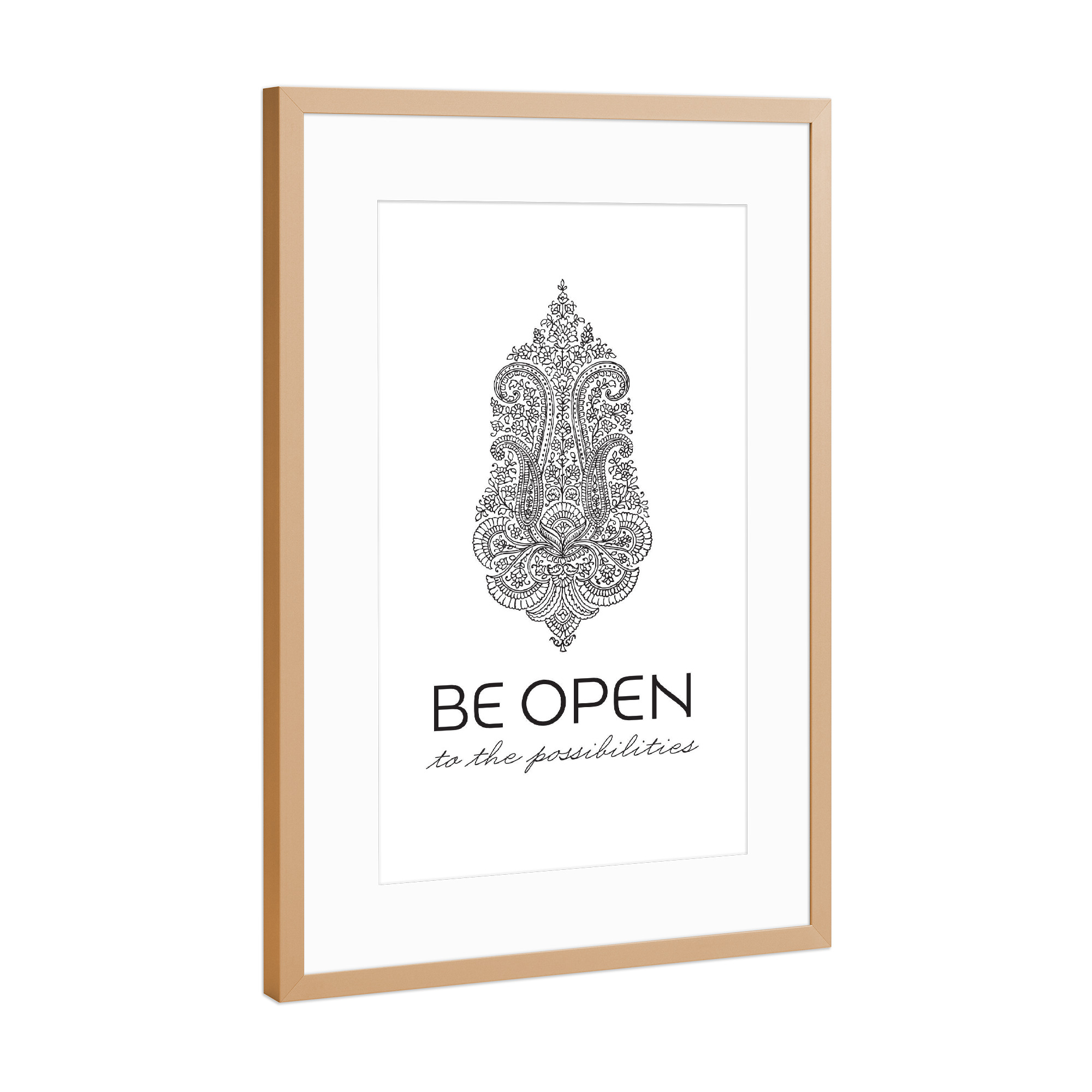 Poster mit Rahmen Kupfer "Be Open Mehndi" artboxONE - Typografie - Yoga,Yogi,Blumen,Blume,Paisley,Mehndi,Namaste