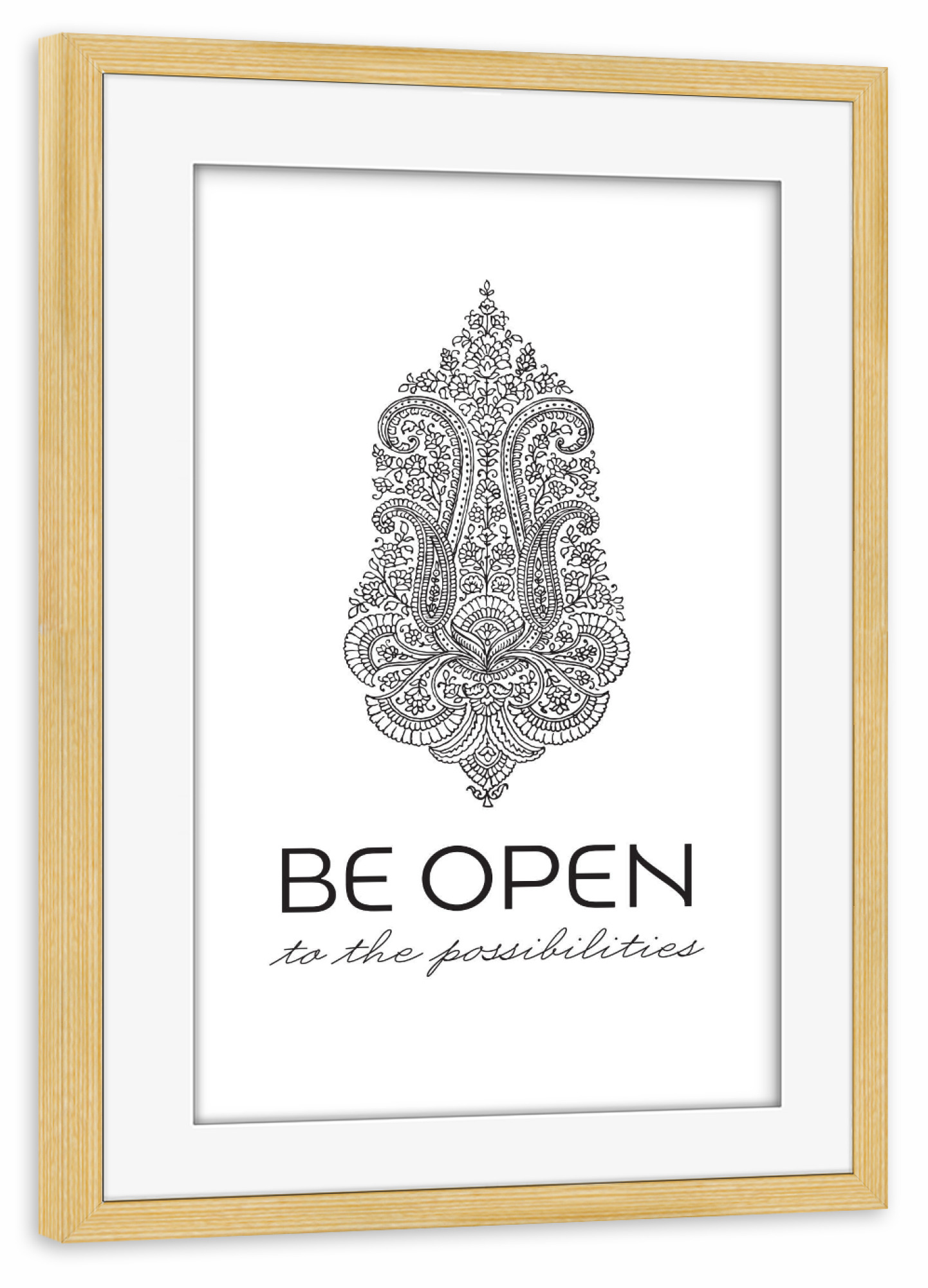 Poster mit Rahmen kiefer "Be Open Mehndi" artboxONE - Typografie - Yoga,Yogi,Blumen,Blume,Paisley,Mehndi,Namaste