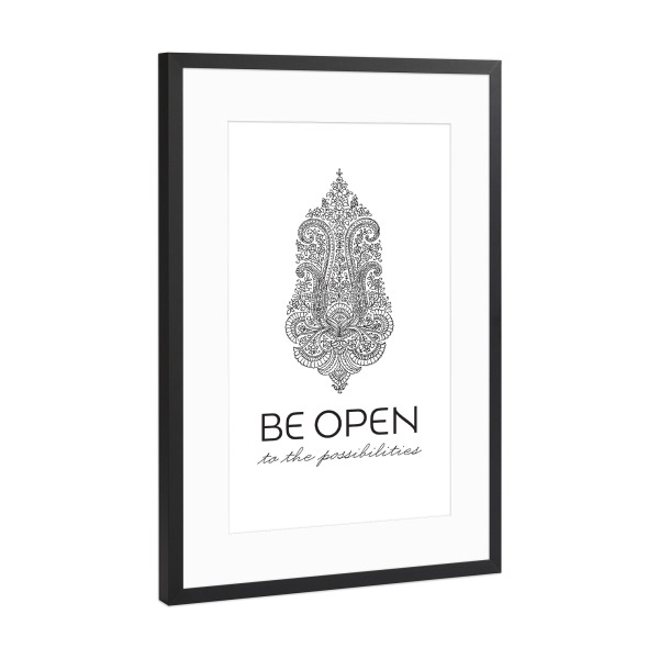 Poster mit Rahmen Schwarz (Metallic) "Be Open Mehndi" artboxONE - Typografie - Yoga,Yogi,Blumen,Blume,Paisley,Mehndi,Namaste