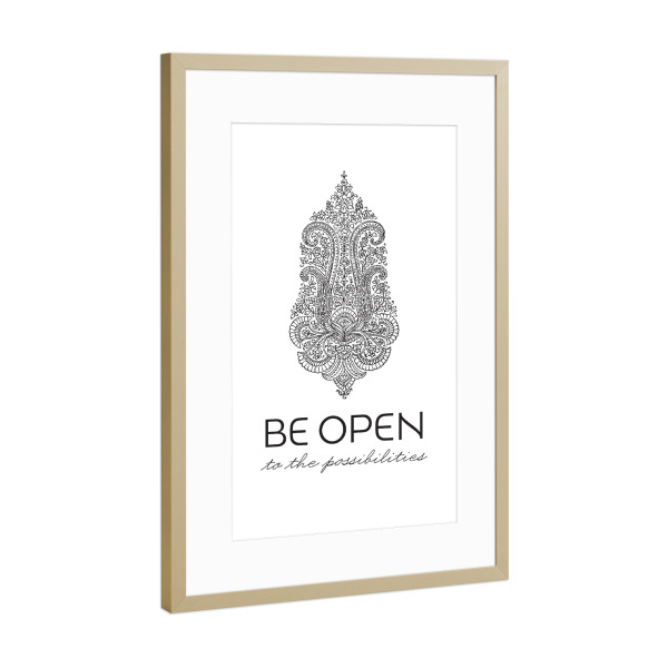 Poster mit Rahmen Gold "Be Open Mehndi" artboxONE - Typografie - Yoga,Yogi,Blumen,Blume,Paisley,Mehndi,Namaste