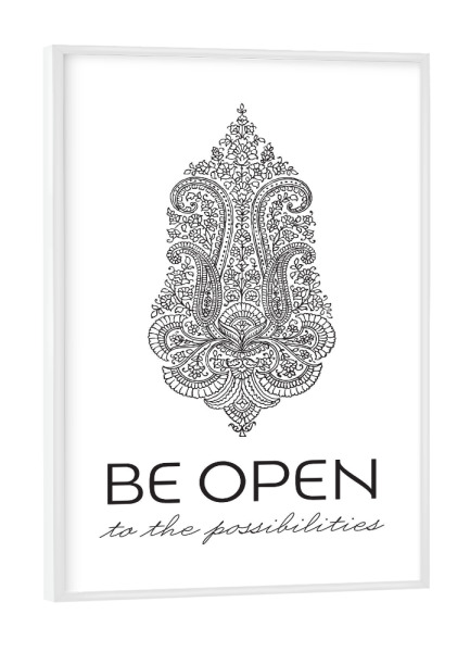 Poster mit weißem Rahmen "Be Open Mehndi" artboxONE - Typografie - Yoga,Yogi,Blumen,Blume,Paisley,Mehndi,Namaste