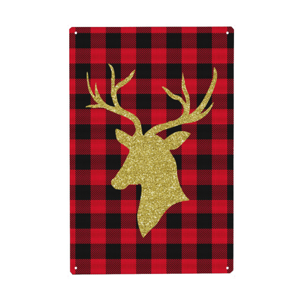 Metall Poster "Gold Glitter Deer Head" artboxONE - Weihnachten - Gold glitter deer head,Buffalo plaid,Christmas print - Blechschild