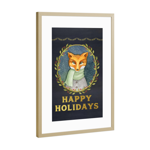 Poster mit Rahmen Gold "Happy Holidays Fox" artboxONE - Weihnachten - Happy holidays,Fox,Christmas print