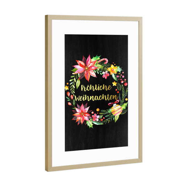 Poster mit Rahmen Gold "Fröhliche Weihnachten Tafel" artboxONE - Weihnachten - Fröhliche weihnachten tafel,Aquarell,Kranz