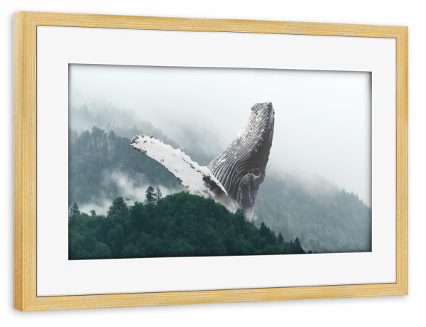 Poster mit Rahmen kiefer "Forest Ocean" artboxONE - Natur,Tiere - Wal,Natur,Wal,Ozean,Meer,Ozean,Wald,Wald,Nebel,Flosse,Berge,Bäume,Baum,Wunder
