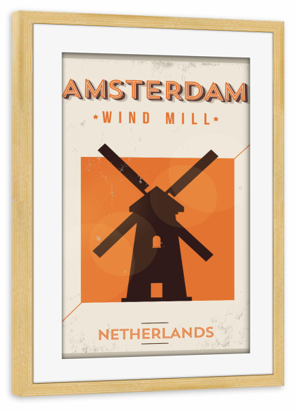 Poster mit Rahmen kiefer "Vintage Amsterdam City Poster" artboxONE - Städte / Amsterdam - Amsterdam,Netherlands,Wind mill,Retro,Europe