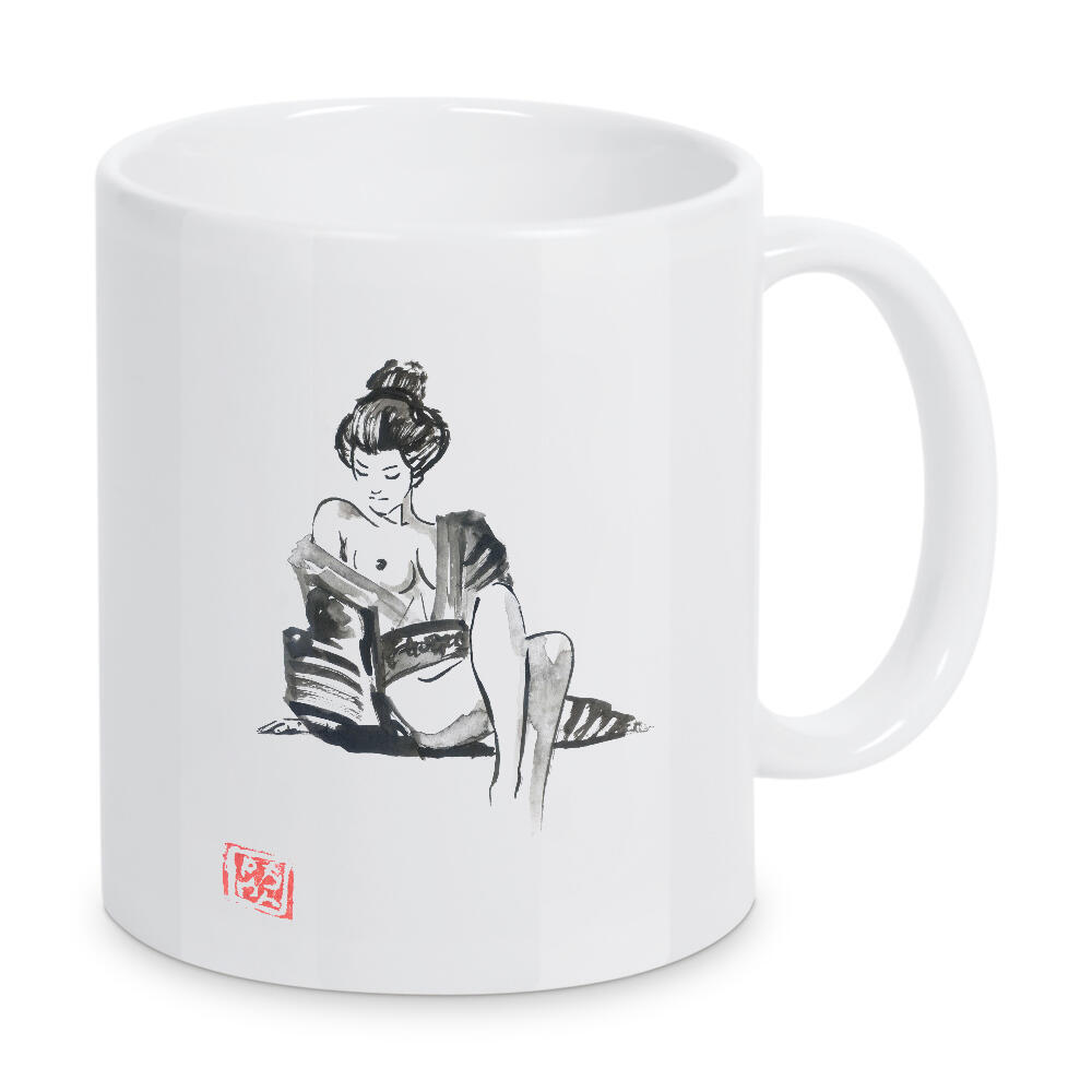 Tasse "Geisha am Strand" artboxONE - Menschen,Schwarzweiß,Reise / Asien - Geisha,Sumie,Japan,Nackt,Kimono,Frau,Schwarzweiß