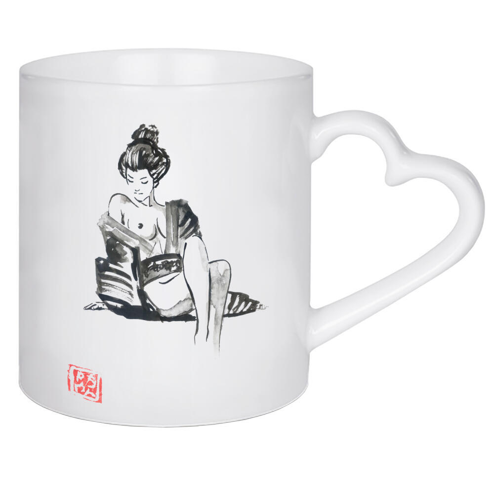 Herztasse "Geisha am Strand" artboxONE - Menschen,Schwarzweiß,Reise / Asien - Geisha,Sumie,Japan,Nackt,Kimono,Frau,Schwarzweiß