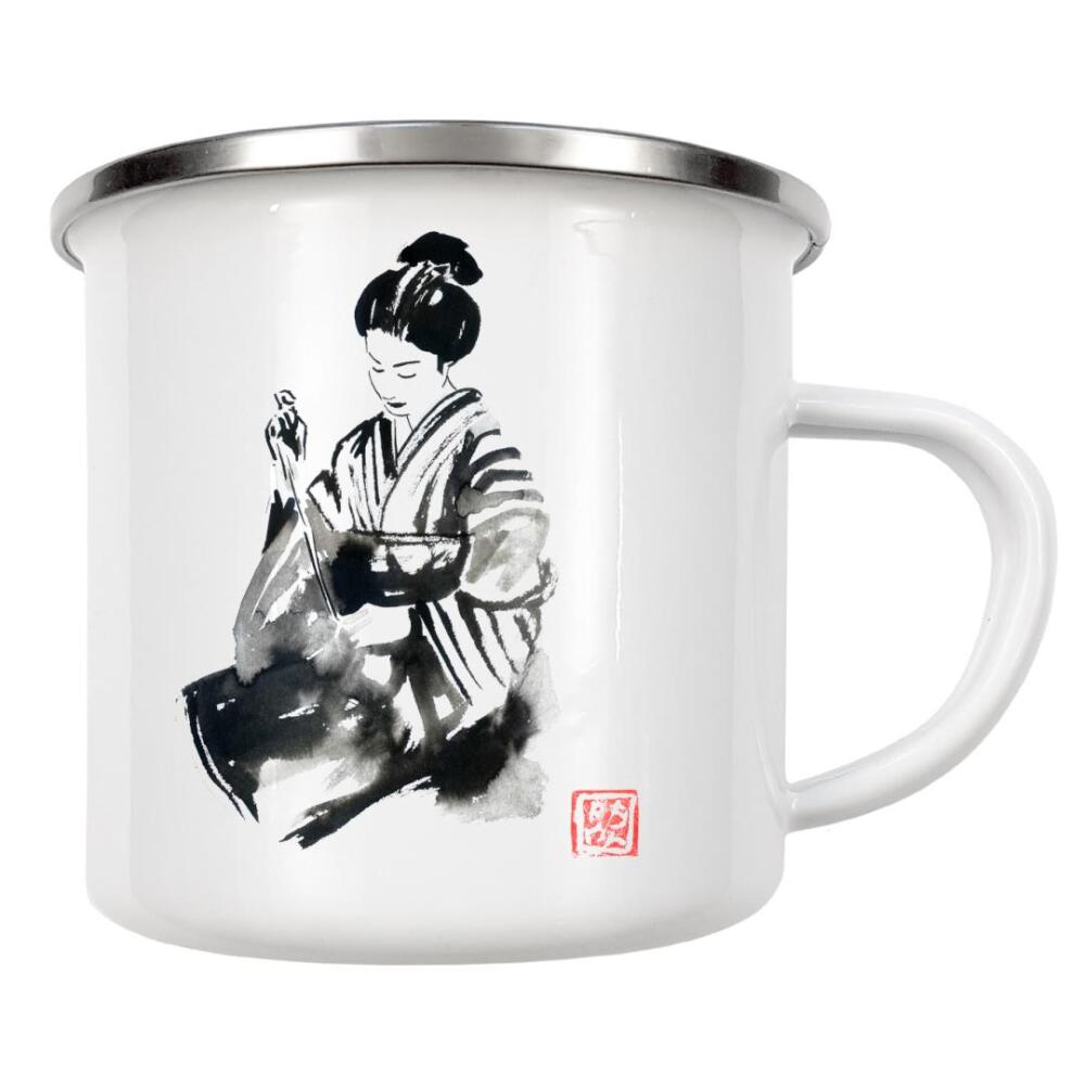 Emaille Tasse "Sewing geisha" artboxONE - Menschen,Schwarzweiß,Reise / Asien - Geisha,Sumie,Japan