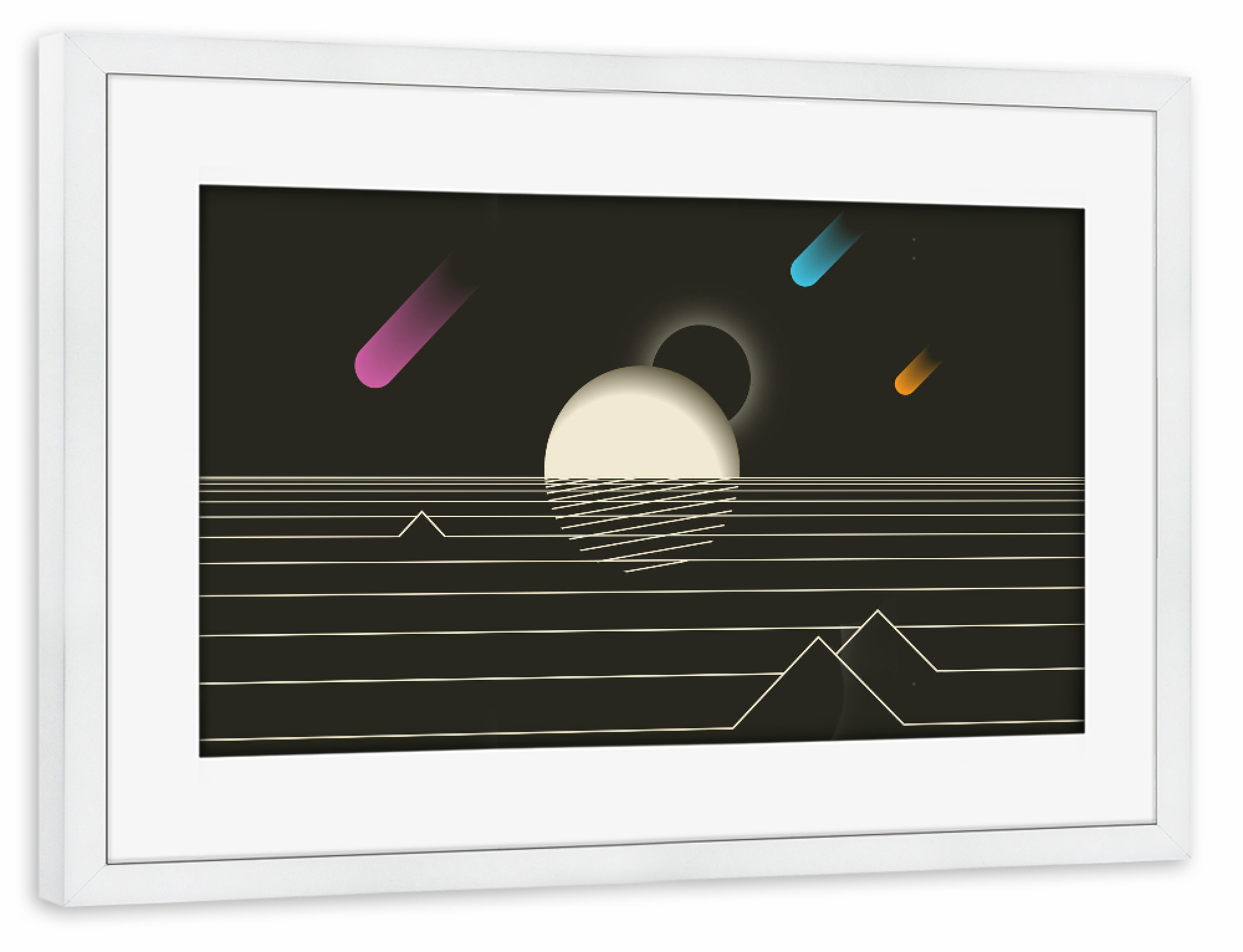 Poster mit Rahmen weiß "Sunset in space" artboxONE - Reise,Abstrakt,Schwarzweiß - Sunset,Stars,Space,Asteroids,Plant,Earth,Weltraum,Rakete,Asteroid