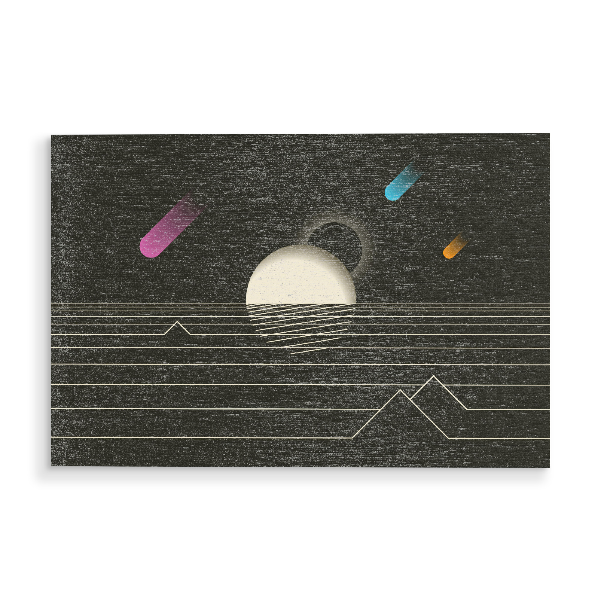 Holzbild "Sunset in space" artboxONE - Reise,Abstrakt,Schwarzweiß - Sunset,Stars,Space,Asteroids,Plant,Earth,Weltraum,Rakete,Asteroid