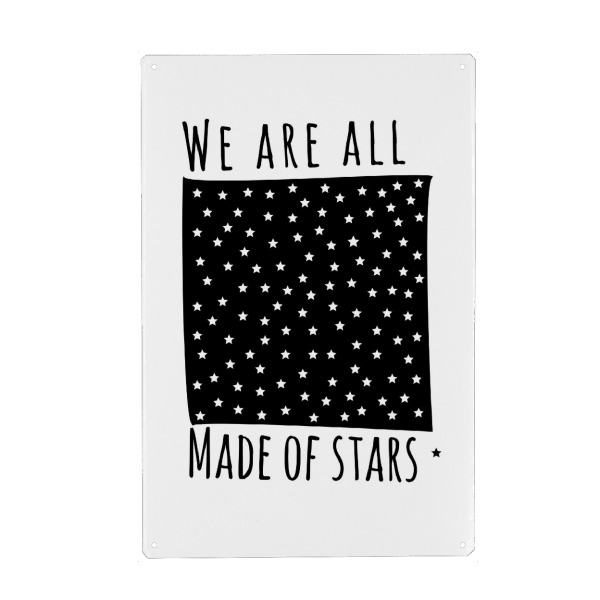 Holzbild "Made of stars" artboxONE - Typografie,Natur,Schwarzweiß - Sterne,Stern,Geburt,Sternzeichen,Materie,Sternenstaub,Herkunft,Seele,Himmel