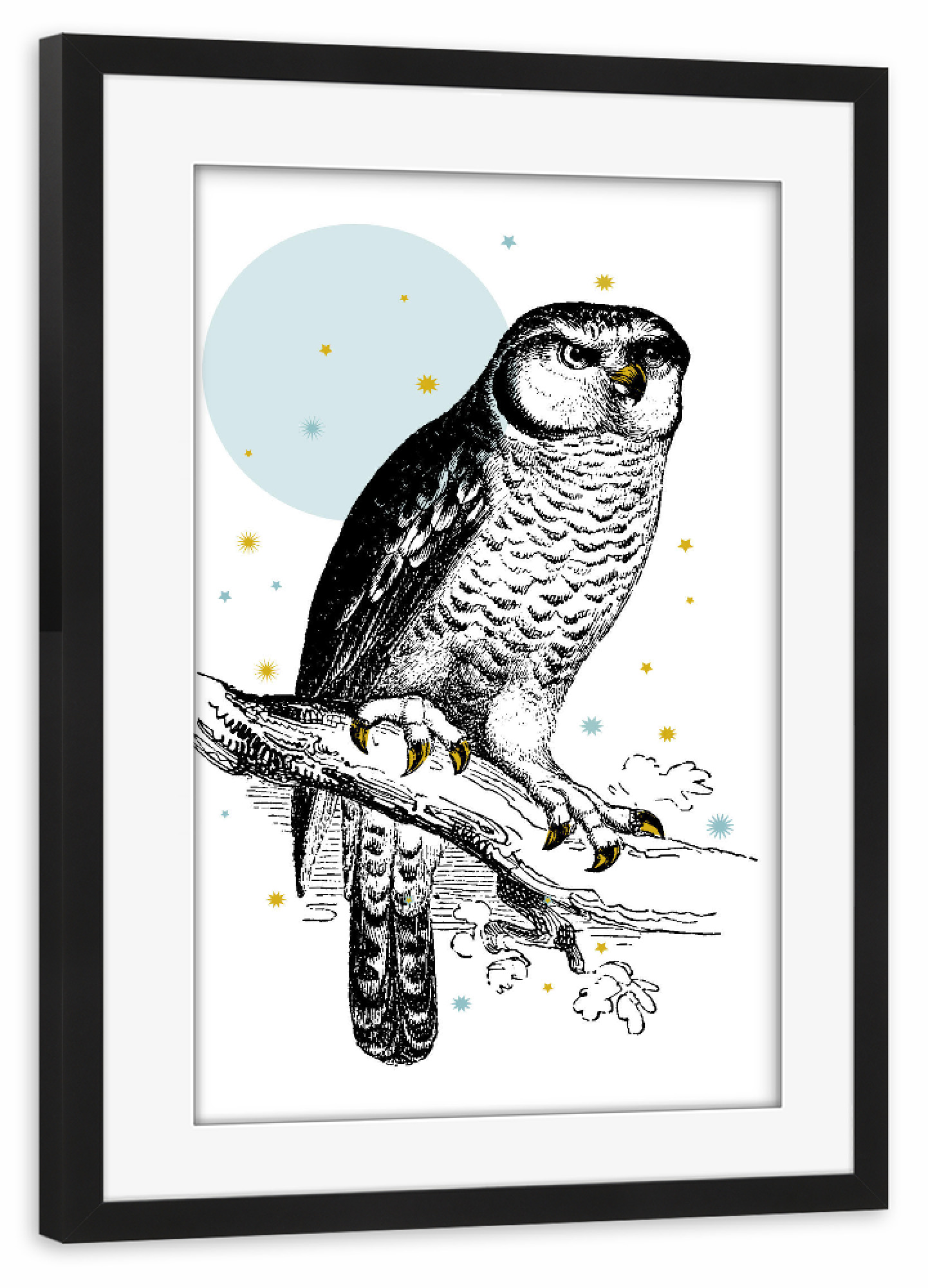 Poster mit Rahmen schwarz "Eule" artboxONE - Natur,Tiere,Schwarzweiß,Weihnachten - Eule,Uhu,Wald,Herbst,Winter,Schneeflocke,Vintage,Zeichnung