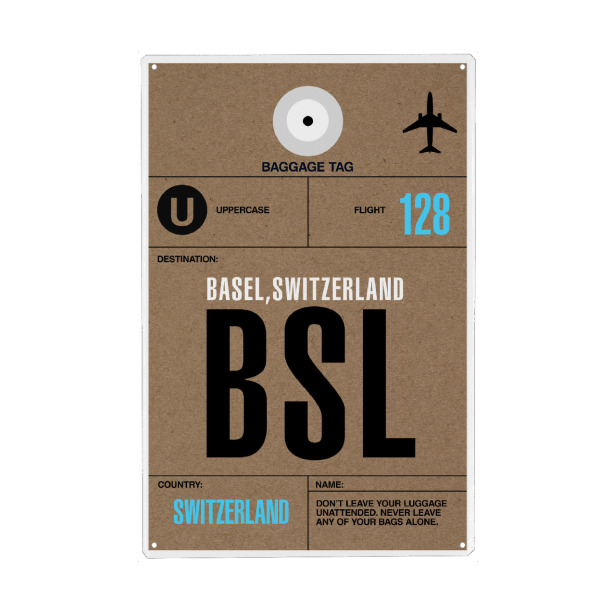 Metall Poster "Airport Basel" artboxONE - Städte,Typografie,Reise - Airport,Flughafen,Stadt,Flugzeug,Retro,Vintage,Schweiz,Basel,Switzerland