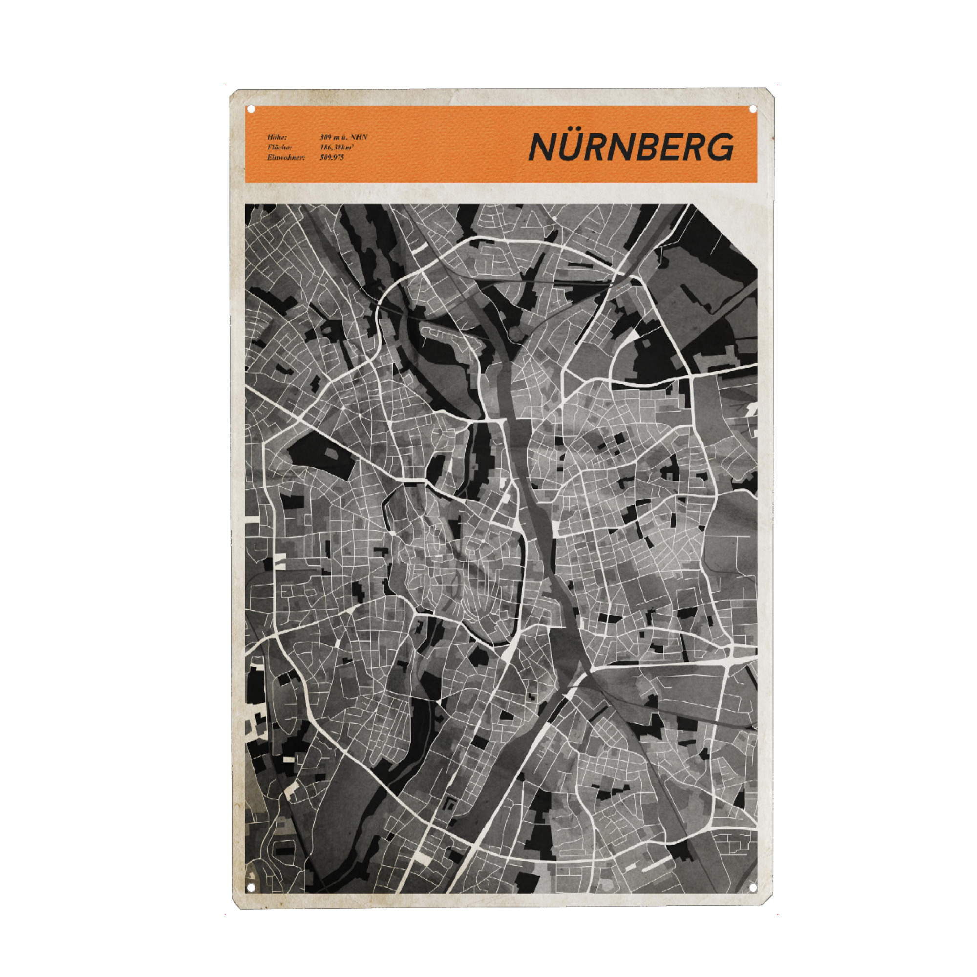 Metall Poster "Stadtkarte Nürnberg" artboxONE - Städte,Reise,Kartografie - Strassen,Karte,Stadtkarte,Retro,Vintage,Stadtplan,Geografie,Stadt,Nürnberg