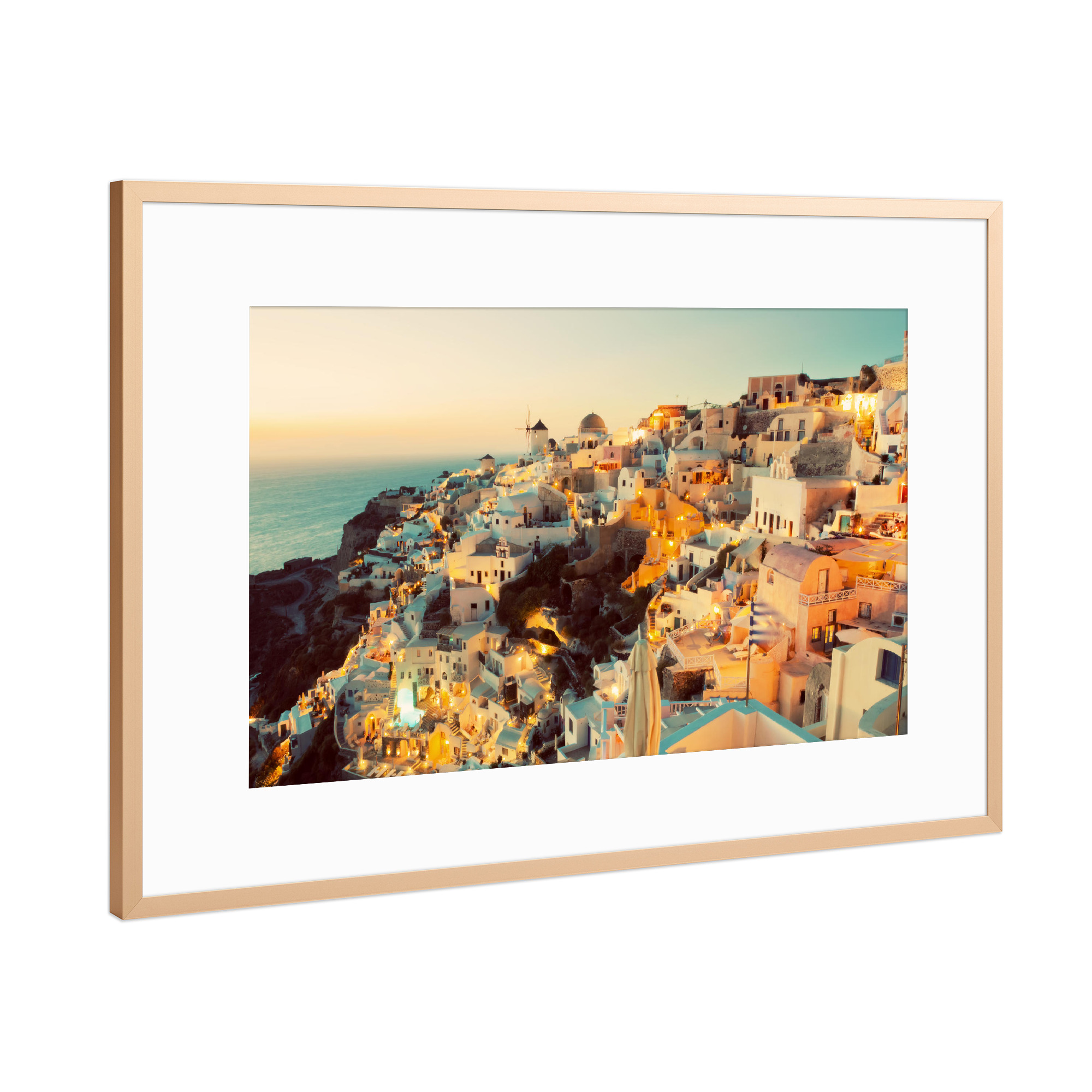 Poster mit Rahmen Kupfer "Oia town on Santorini island, Greece at sunset 2" artboxONE - Reise