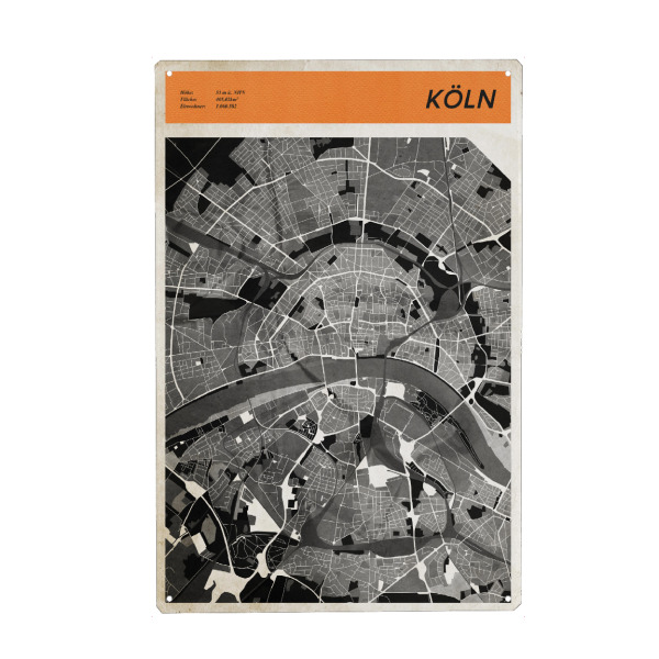 Metall Poster "Stadtkarte Köln" artboxONE - Städte / Köln,Reise,Kartografie - Strassen,Karte,Stadtkarte,Retro,Vintage,Stadtplan,Geografie,Stadt,Köln
