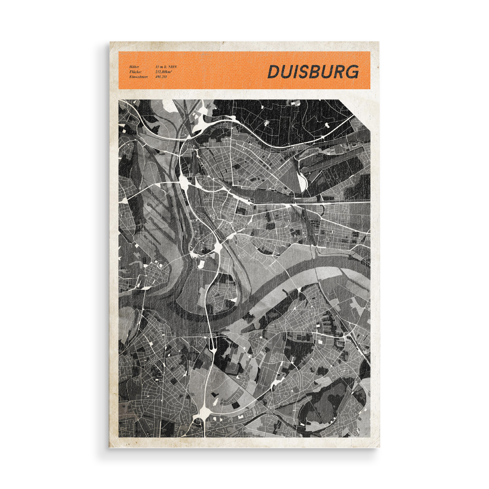 Holzbild "Stadtkarte Duisburg" artboxONE - Städte,Reise,Kartografie - Strassen,Karte,Stadtkarte,Retro,Vintage,Stadtplan,Geografie,Stadt,Duisburg