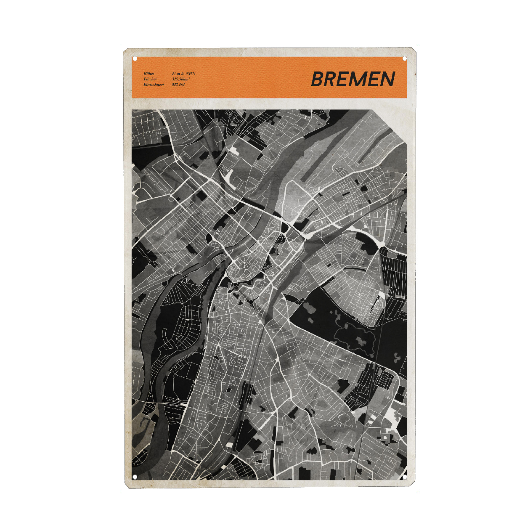 Holzbild "Stadtkarte Bremen" artboxONE - Städte,Reise,Kartografie - Strassen,Karte,Stadtkarte,Retro,Vintage,Stadtplan,Geografie,Stadt,Bremen