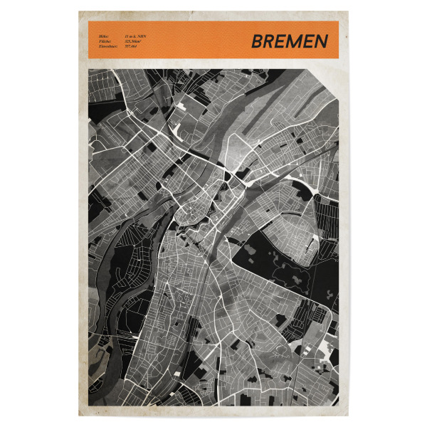 Poster "Stadtkarte Bremen" artboxONE - Städte,Reise,Kartografie - Strassen,Karte,Stadtkarte,Retro,Vintage,Stadtplan,Geografie,Stadt,Bremen