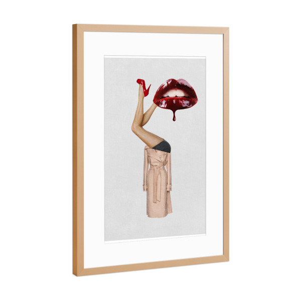 Poster mit Rahmen Kupfer "Kissing Alien" artboxONE - Abstrakt,Menschen,Fashion,Fiktion - Mund,Kuss,Beine,Pumps,Schuhe,Mantel,Frau,Collage,Lippenstift