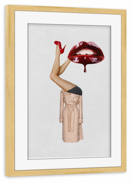 Poster mit Rahmen kiefer "Kissing Alien" artboxONE - Abstrakt,Menschen,Fashion,Fiktion - Mund,Kuss,Beine,Pumps,Schuhe,Mantel,Frau,Collage,Lippenstift
