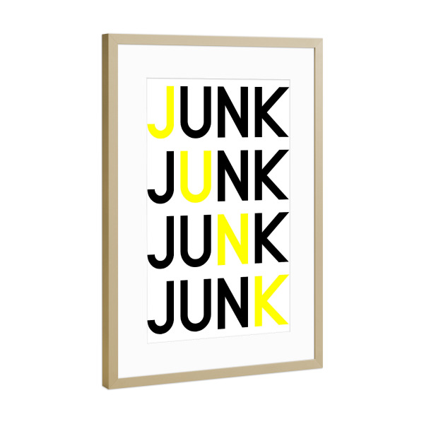 Poster mit Rahmen Gold "Junk 4000" artboxONE - Typografie,Abstrakt - Typografie,Spruch,Neon,Gelb,Abstrakt,Spaß,Lustig,Kram,Müll
