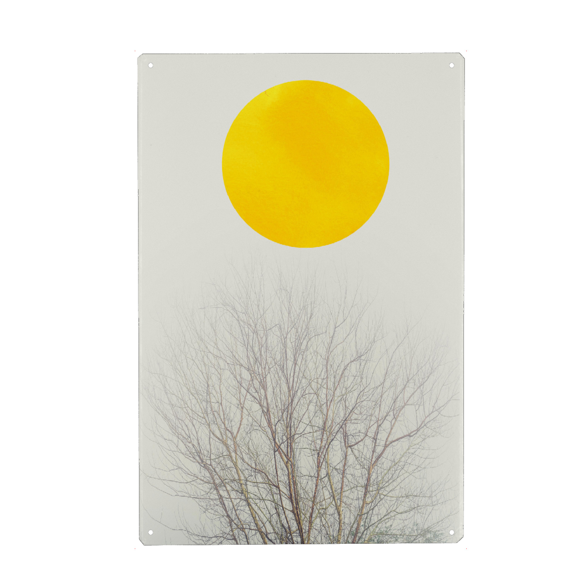 Metall Poster "Winter Morning" artboxONE - Natur,Reise,Für Kinder,Abstrakt,Geometrie,Reise / Asien - Baum,Silhouette,Winter,Sonne,Sonnenuntergang,Gelb