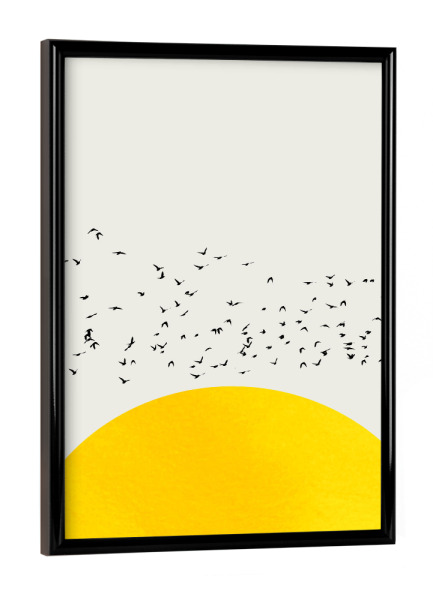 Poster mit schwarzem Rahmen "A Thousand Birds" artboxONE - Natur,Tiere,Abstrakt,Geometrie - Sonne,Gelb,Vögel,Silhouetten,Sonnenuntergang,Himmel,Natur