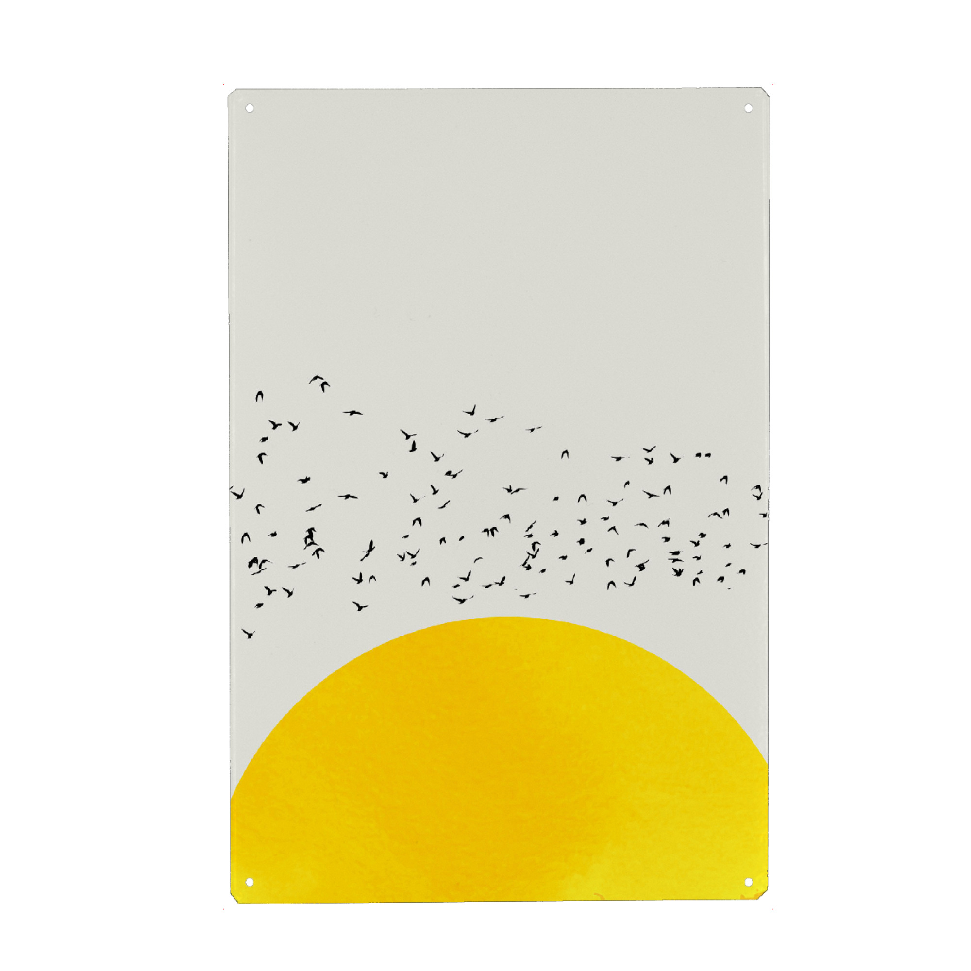 Metall Poster "A Thousand Birds" artboxONE - Natur,Tiere,Abstrakt,Geometrie - Sonne,Gelb,Vögel,Silhouetten,Sonnenuntergang,Himmel,Natur - Blechschild