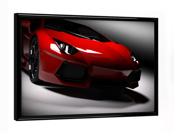 Poster mit schwarzem Rahmen "Red fast sports car in spotlight, black background" artboxONE - Automobile