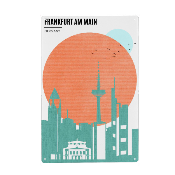 Metall Poster "Frankfurt Sunrise" artboxONE - Städte,Städte / Frankfurt - Sonnenaufgang,Stadt,Sonne,Silhouette,Frankfurt - Blechschild