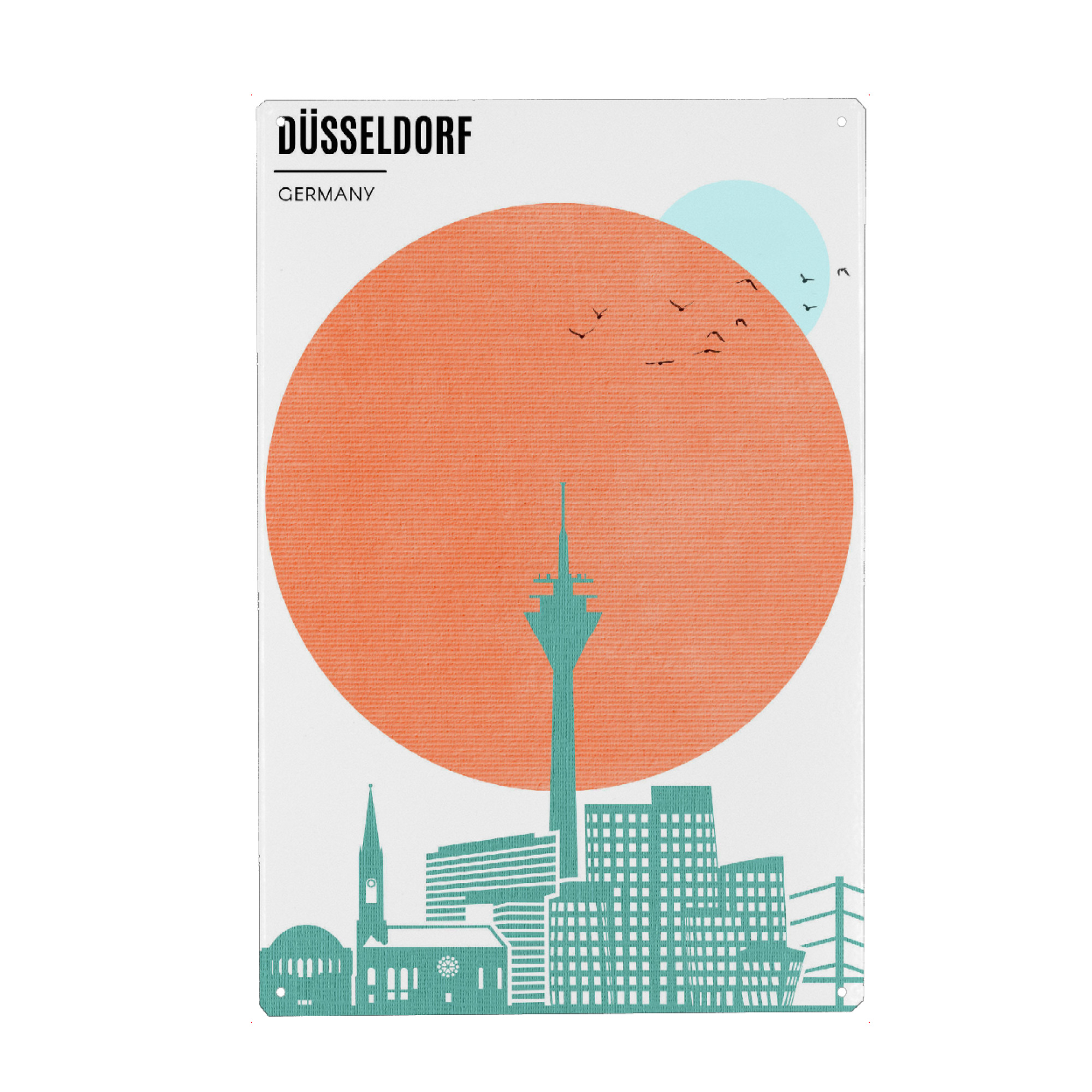 Metall Poster "Düsseldorf Sunrise" artboxONE - Städte,Städte / Düsseldorf - Sonnenaufgang,Stadt,Sonne,Silhouette,Düsseldorf - Blechschild