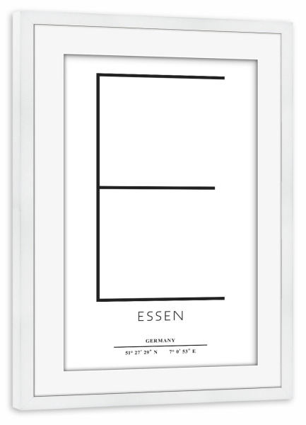 Poster mit Rahmen weiß "Abstract Essen" artboxONE - Städte,Typografie,Schwarzweiß - Abstrakt,Stadt,Stadt,Buchstabe,Essen