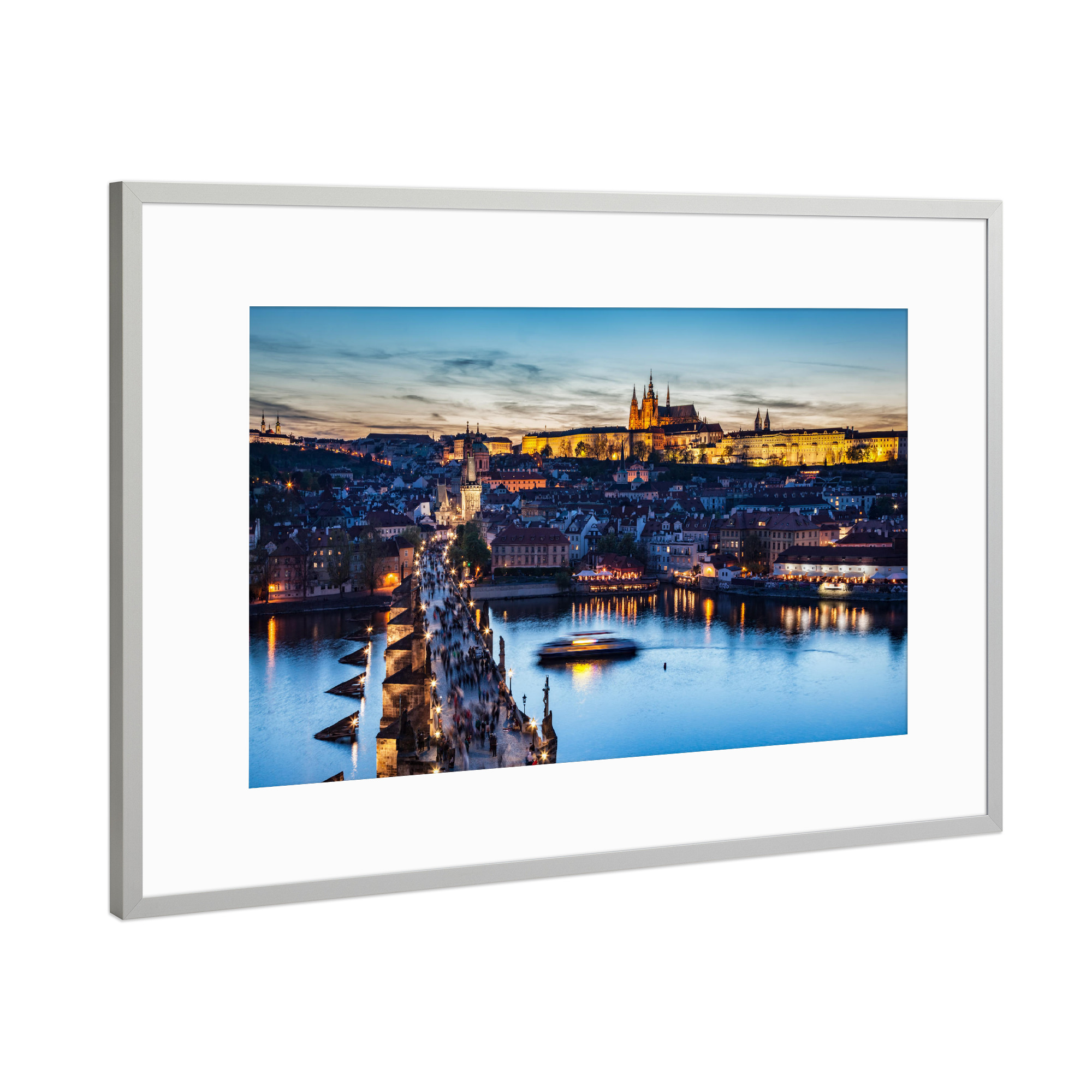 Poster mit Rahmen Silber "Charles Bridge on Vltava river in Prague, Czech Republic at late sunset, night" artboxONE - Städte / Prag
