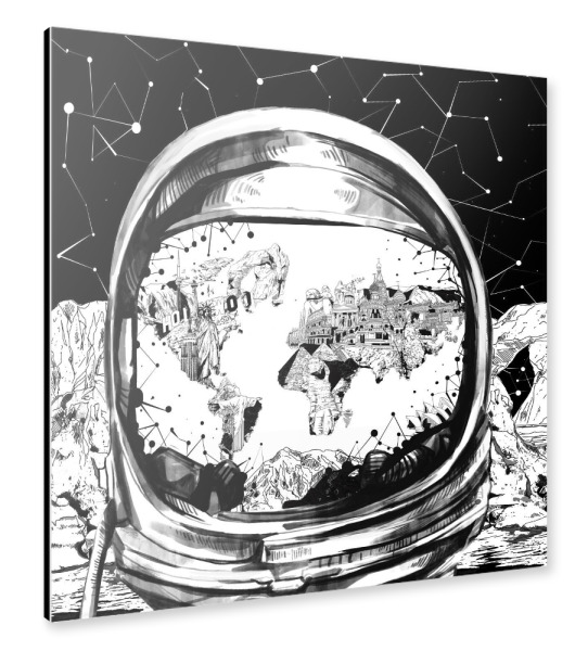 Alu-Dibond "Astronaut world map blackwhite" 30x30 cm artboxONE