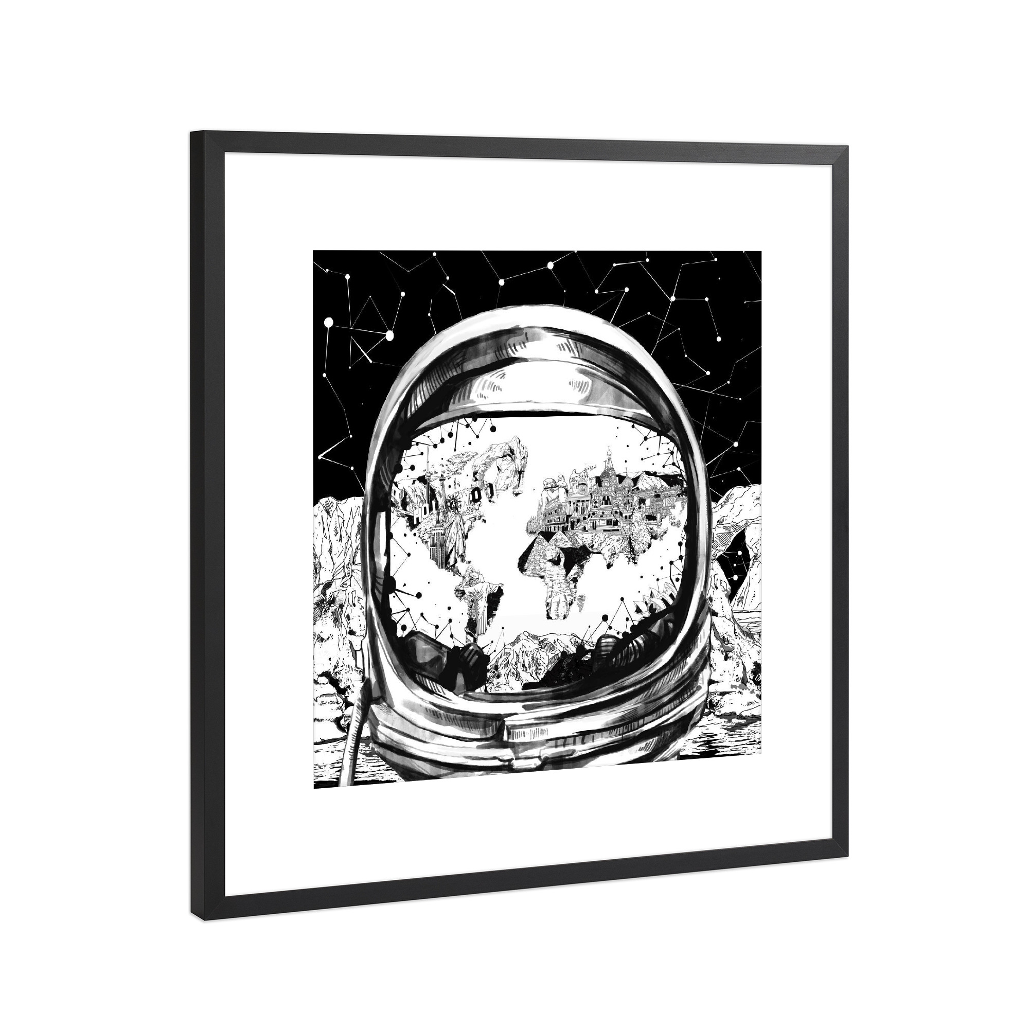 Poster mit Rahmen Schwarz (Metallic) "Astronaut world map blackwhite" artboxONE - Reise,Schwarzweiß,Geometrie,Kartografie,Fiktion,Galaxy