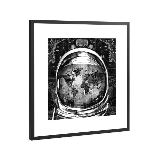Poster mit Rahmen Schwarz (Metallic) "Astronaut world map" artboxONE - Comic,Abstrakt,Schwarzweiß,Kartografie,Fiktion,Galaxy