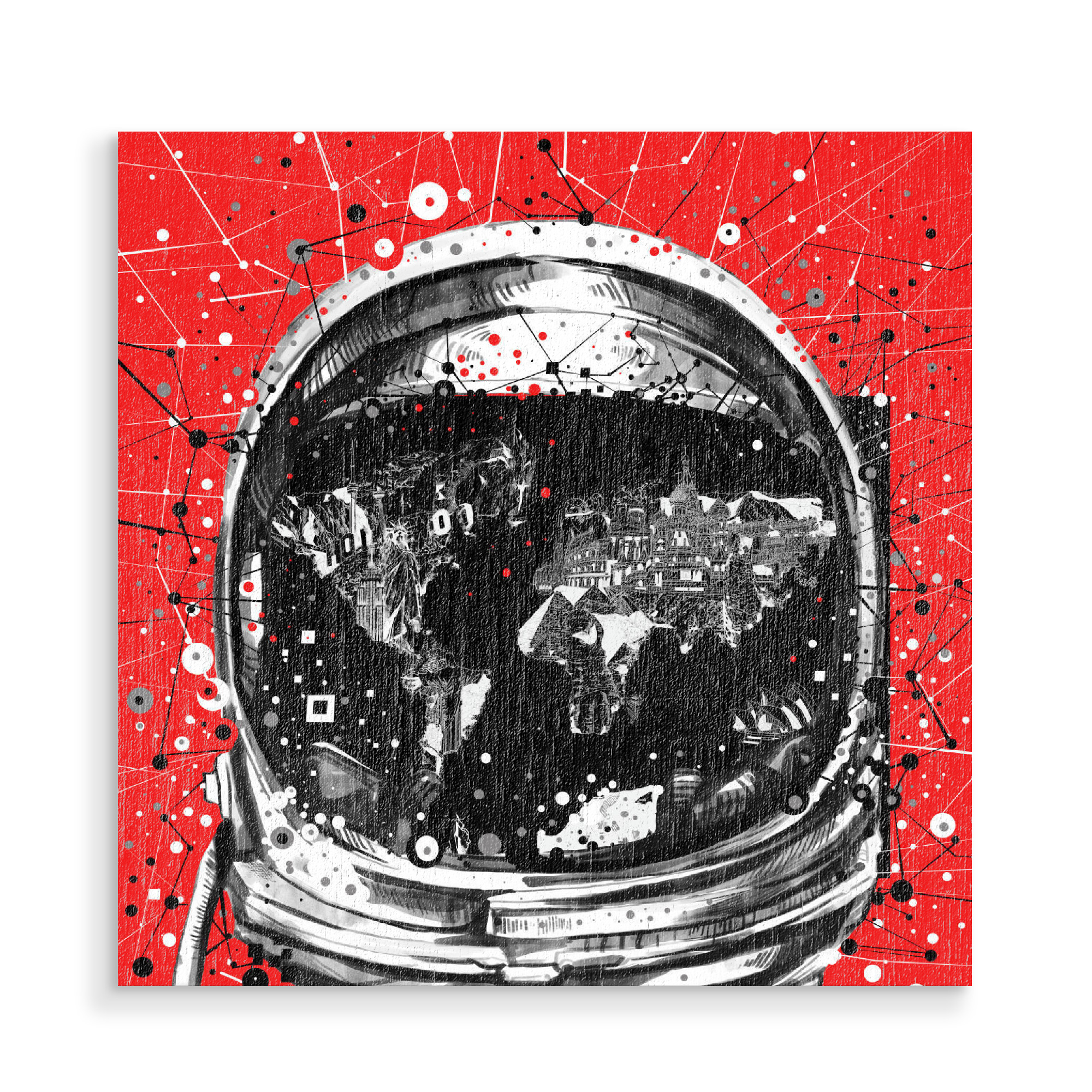 Holzbild "Astronaut world map red" artboxONE - Reise,Abstrakt,Geometrie,Kartografie,Galaxy