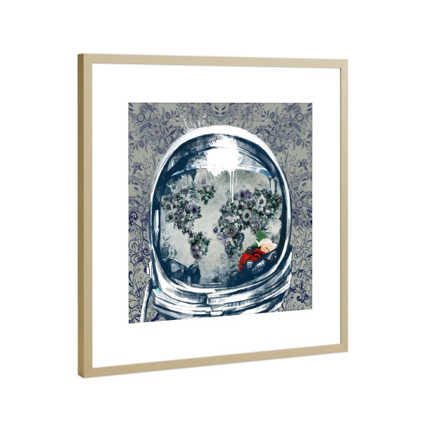 Poster mit Rahmen Gold "Astronaut world map floral" artboxONE - Floral,Abstrakt,Fiktion,Galaxy