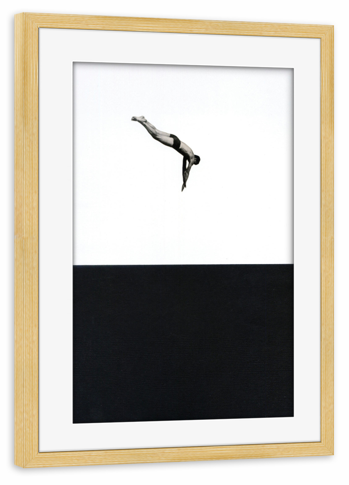 Poster mit Rahmen kiefer "Dive" artboxONE - Abstrakt,Menschen,Schwarzweiß - Taucher,Mann,Wasser,Monoton,Minimal,Sprung,Entsprungen
