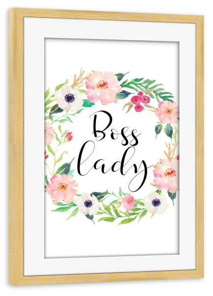 Poster mit Rahmen kiefer "Boss Lady" artboxONE - Typografie,Floral - Watercolour,Floral wreath,Flowers,Blumen,Blumenkranz
