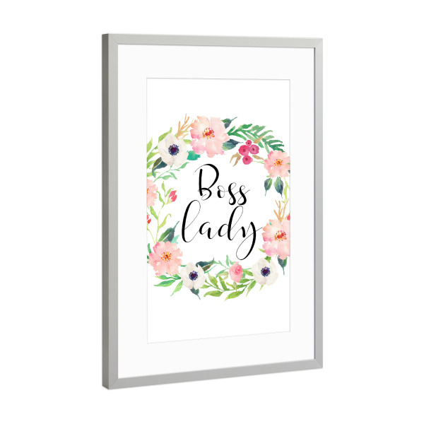 Poster mit Rahmen Silber "Boss Lady" artboxONE - Typografie,Floral - Watercolour,Floral wreath,Flowers,Blumen,Blumenkranz