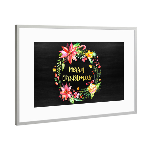 Poster mit Rahmen Silber "Merry Christmas Chalkboard Landscape" artboxONE - Typografie,Floral,Weihnachten