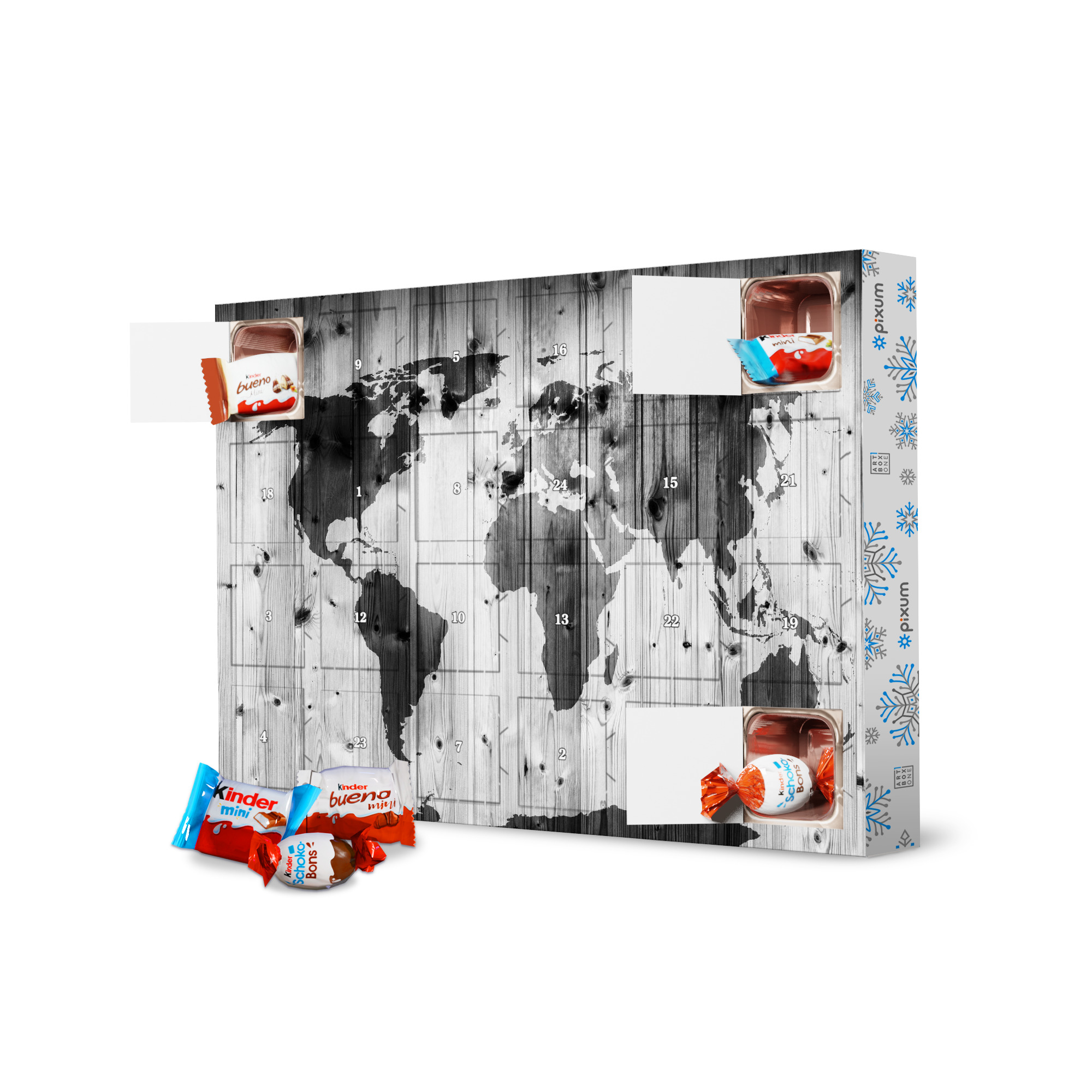 Adventskalender mit Produkten von Kinder World map on wooden wall artboxONE Adventskalender Reise