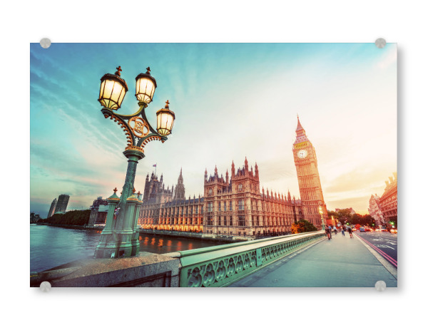 Acrylglasbild "Big Ben, London the UK at sunset. Retro street lamp light on Westminster Bridge. Vintage" artboxONE - Städte,Städte / London,Reise