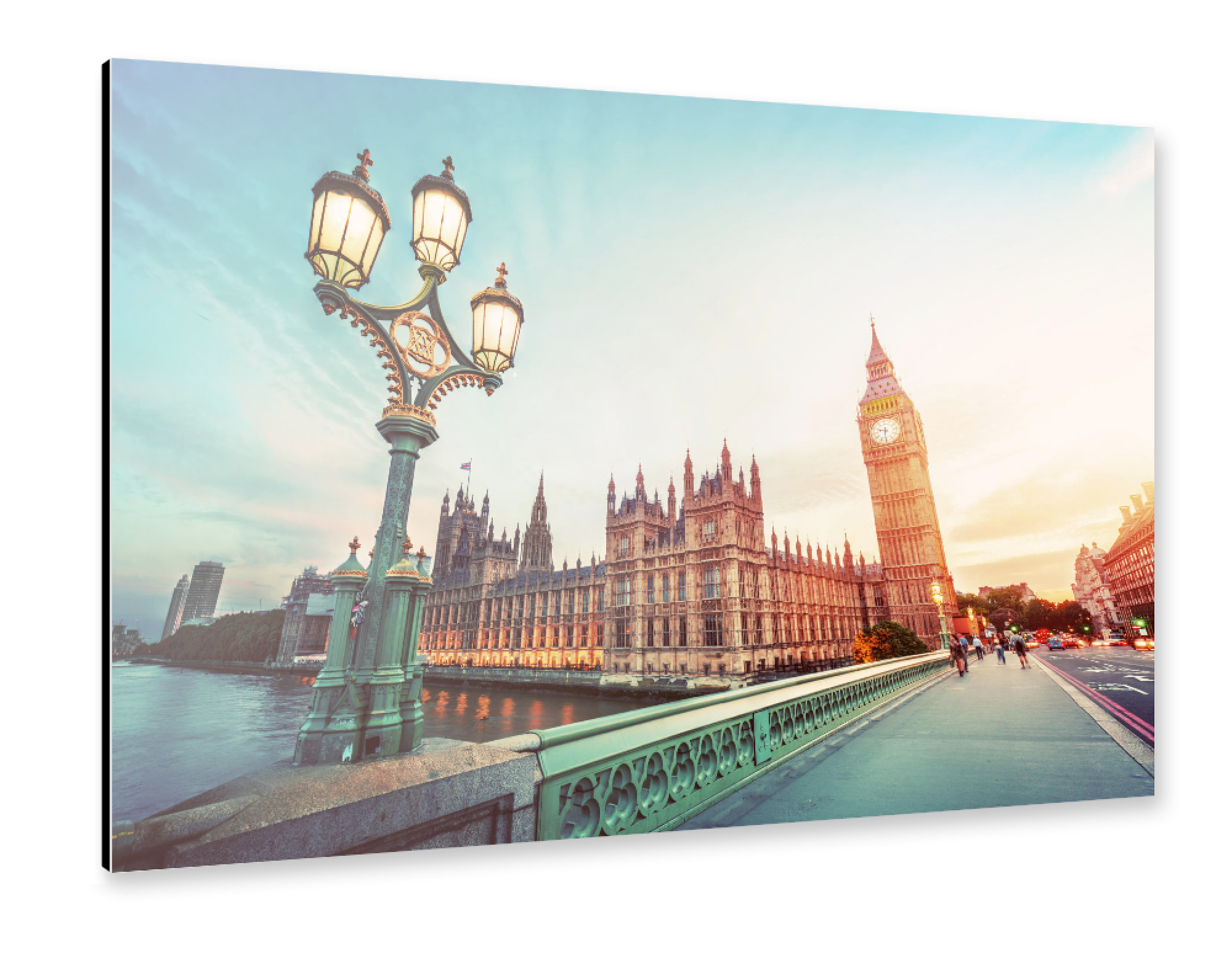 Alu-Dibond "Big Ben, London the UK at sunset. Retro street lamp light on Westminster Bridge. Vintage" 75x50 cm artboxONE