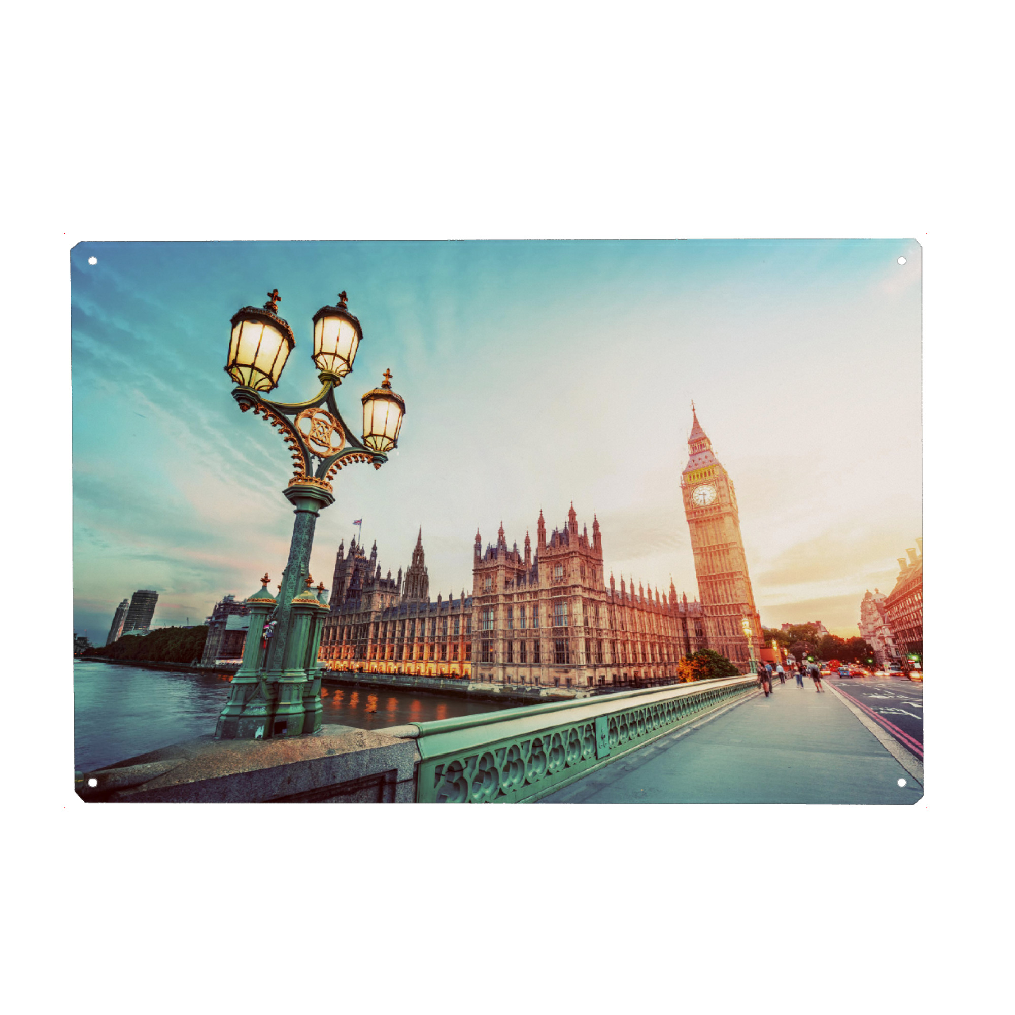 Holzbild "Big Ben, London the UK at sunset. Retro street lamp light on Westminster Bridge. Vintage" artboxONE - Städte,Städte / London,Reise